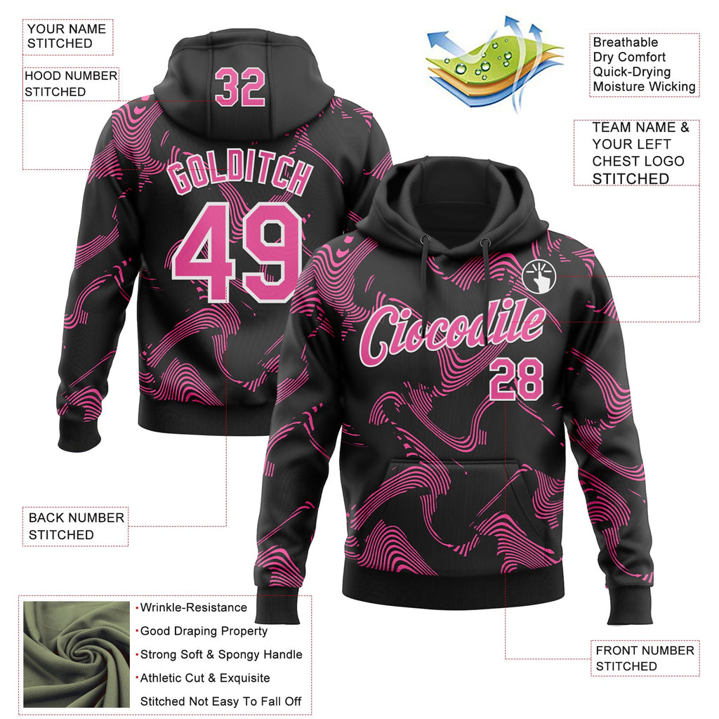 Custom Stitched Black Pink-White 3D Pattern Design Curve Lines Sports Pullover Sweatshirt Hoodie