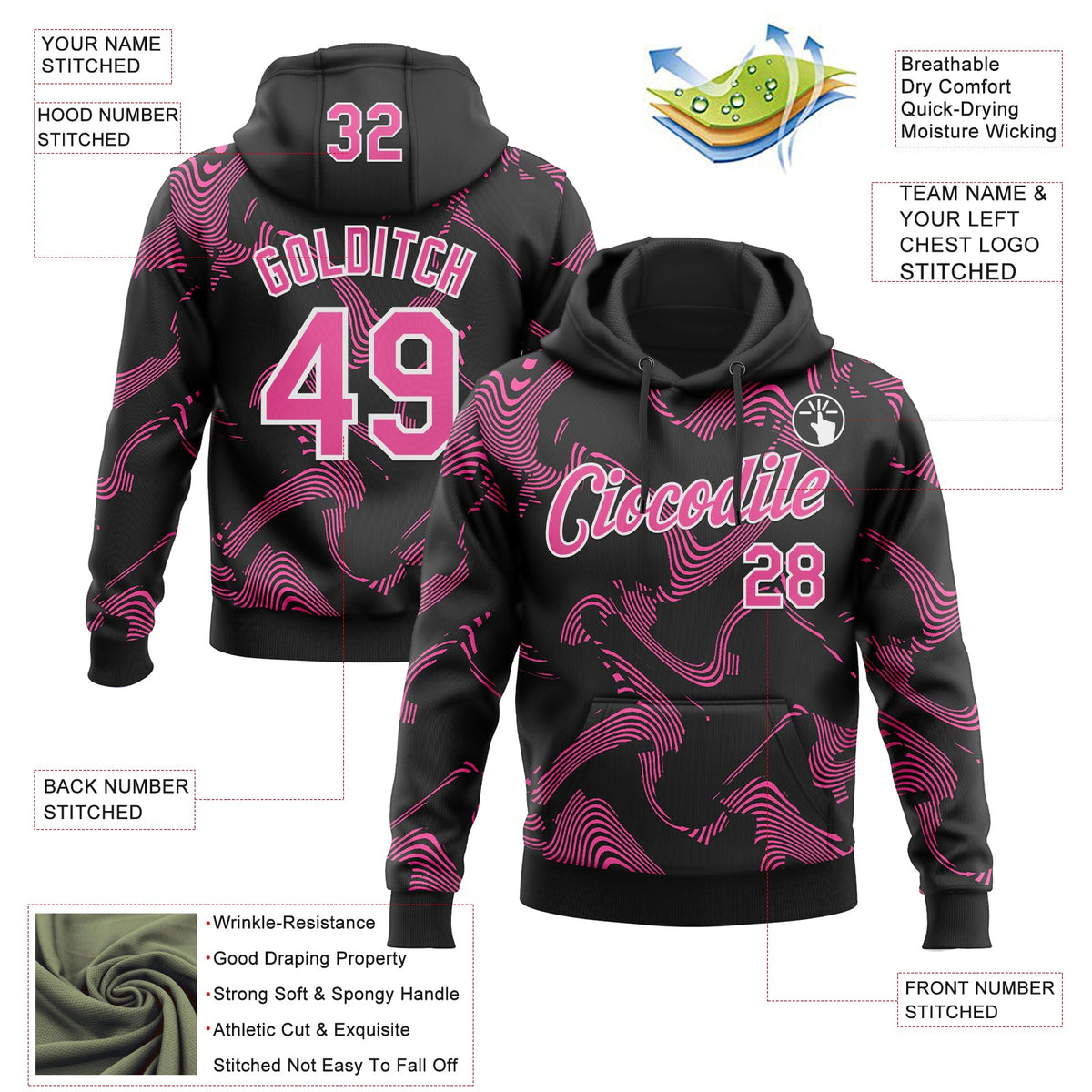 Custom Stitched Black Pink-White 3D Pattern Design Curve Lines Sports Pullover Sweatshirt Hoodie
