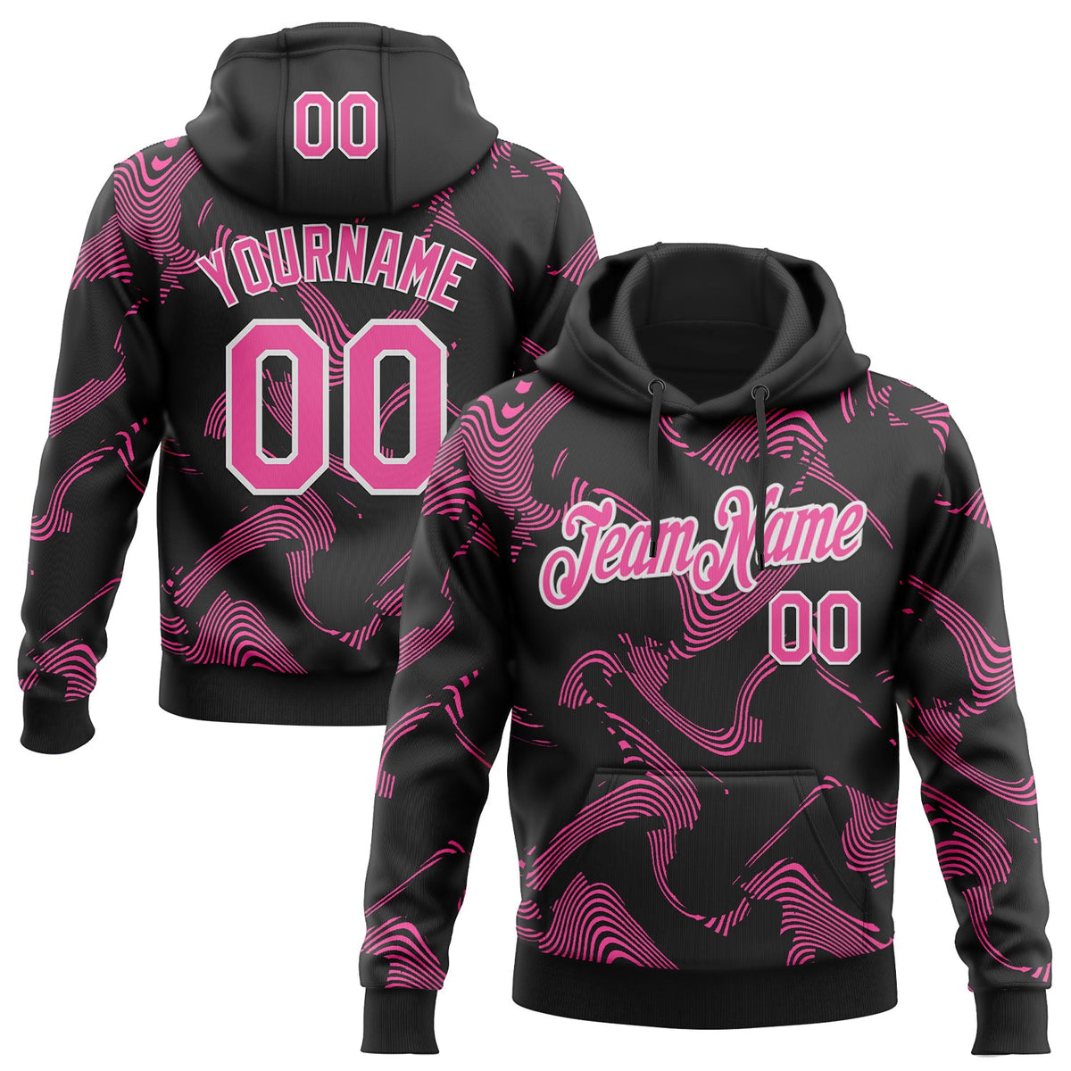 Custom Stitched Black Pink-White 3D Pattern Design Curve Lines Sports Pullover Sweatshirt Hoodie