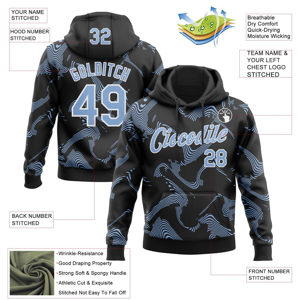 Custom Stitched Black Light Blue-White 3D Pattern Design Curve Lines Sports Pullover Sweatshirt Hoodie