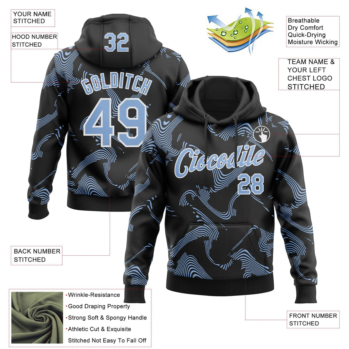 Custom Stitched Black Light Blue-White 3D Pattern Design Curve Lines Sports Pullover Sweatshirt Hoodie
