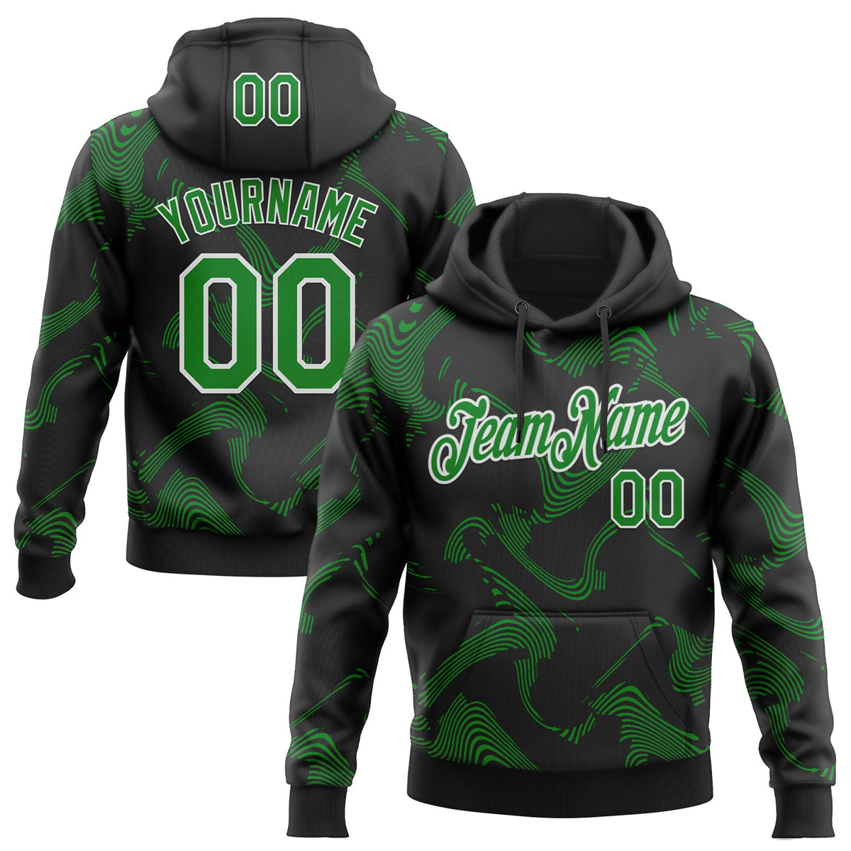 Custom Stitched Black Grass Green-White 3D Pattern Design Curve Lines Sports Pullover Sweatshirt Hoodie