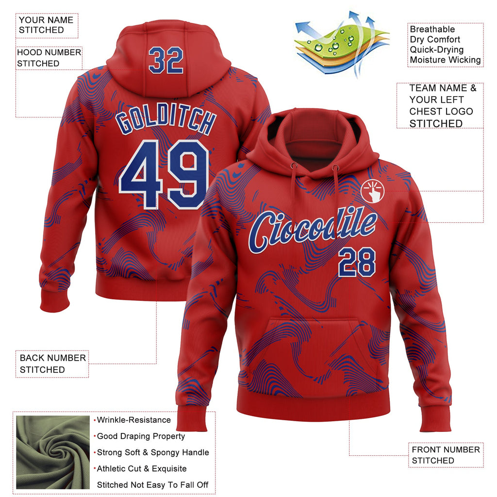 Custom Stitched Red Royal-White 3D Pattern Design Curve Lines Sports Pullover Sweatshirt Hoodie