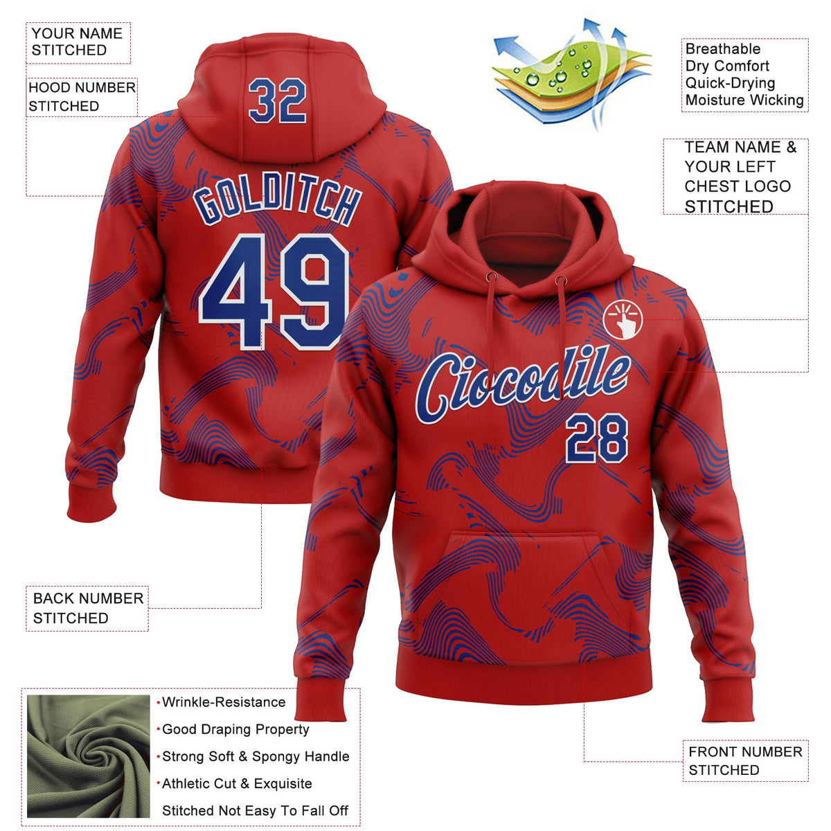 Custom Stitched Red Royal-White 3D Pattern Design Curve Lines Sports Pullover Sweatshirt Hoodie