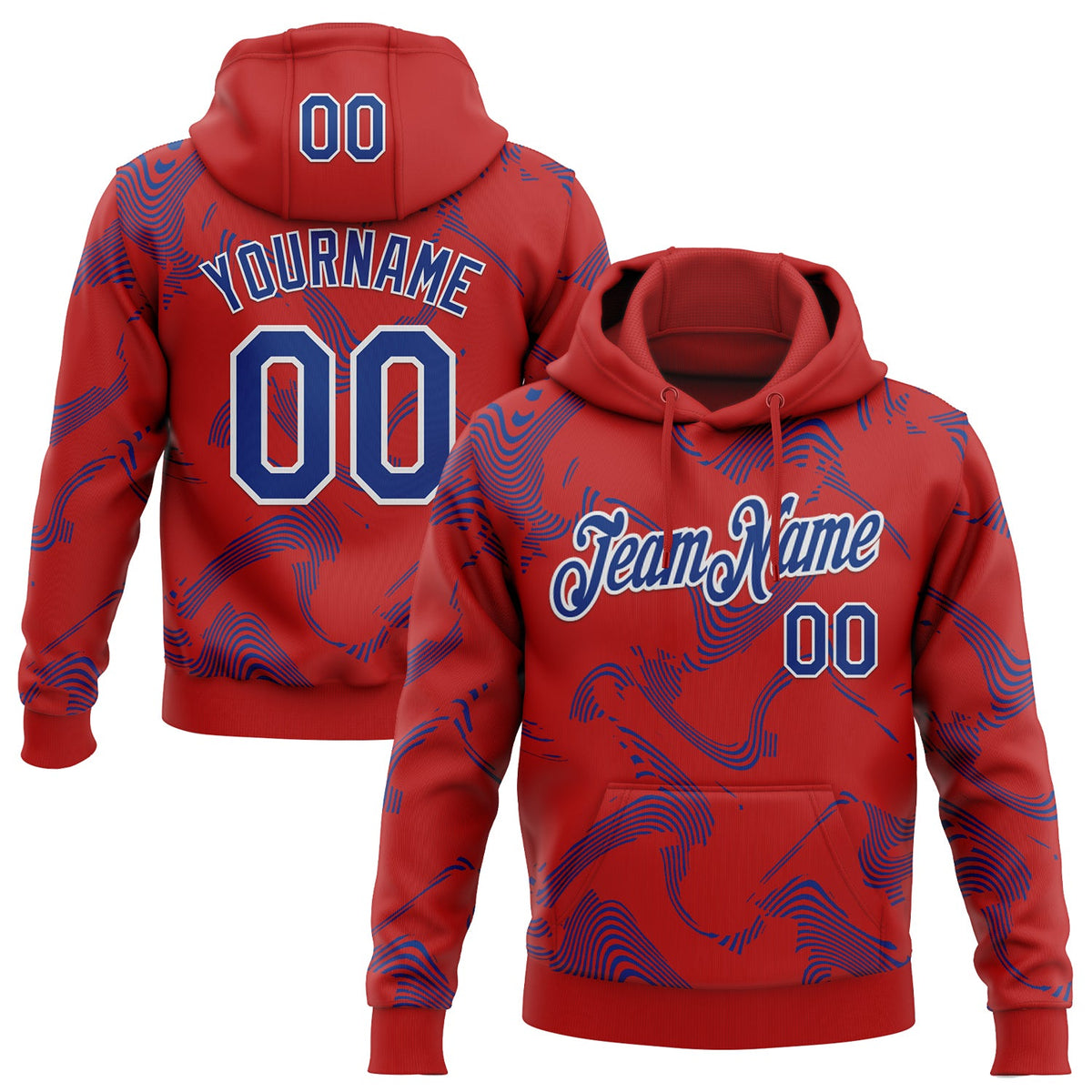 Custom Stitched Red Royal-White 3D Pattern Design Curve Lines Sports Pullover Sweatshirt Hoodie