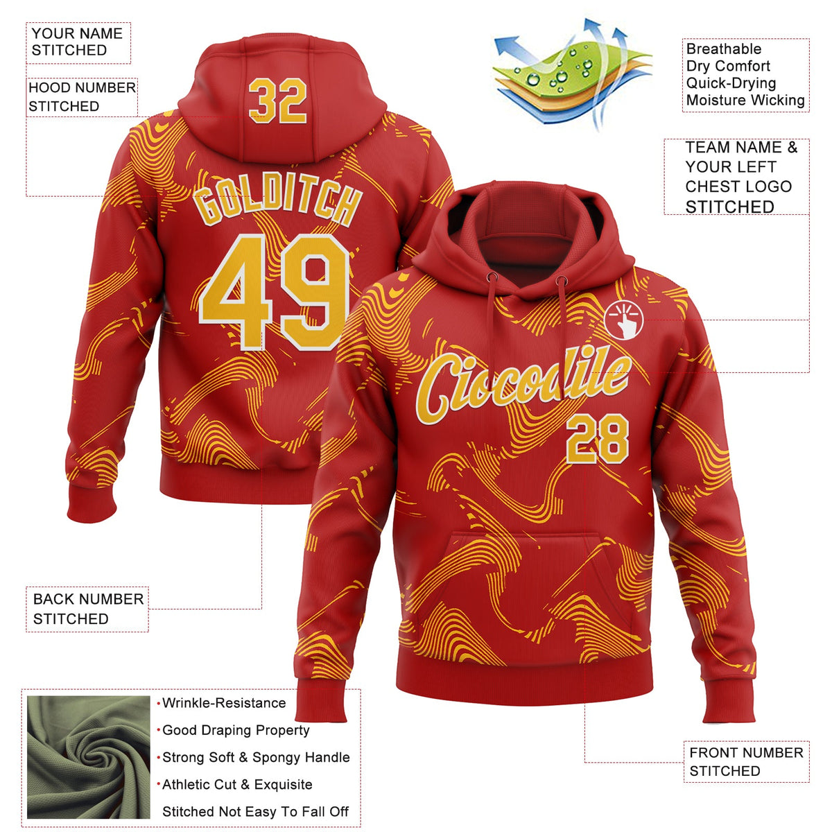 Custom Stitched Red Gold-White 3D Pattern Design Curve Lines Sports Pullover Sweatshirt Hoodie