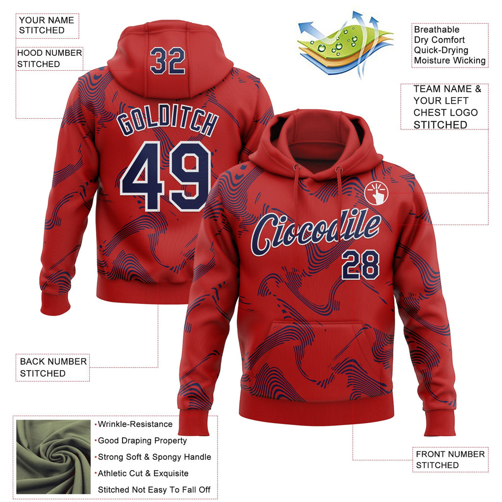 Custom Stitched Red Navy-White 3D Pattern Design Curve Lines Sports Pullover Sweatshirt Hoodie