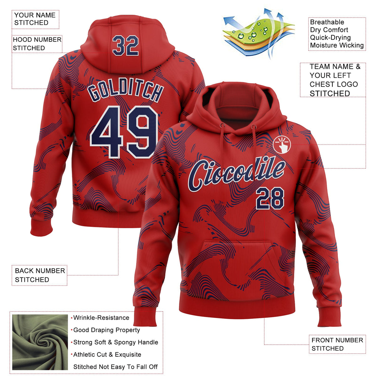 Custom Stitched Red Navy-White 3D Pattern Design Curve Lines Sports Pullover Sweatshirt Hoodie
