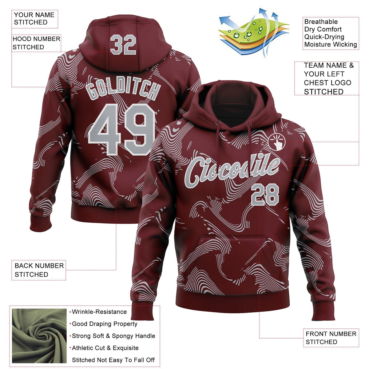 Custom Stitched Burgundy Gray-White 3D Pattern Design Curve Lines Sports Pullover Sweatshirt Hoodie
