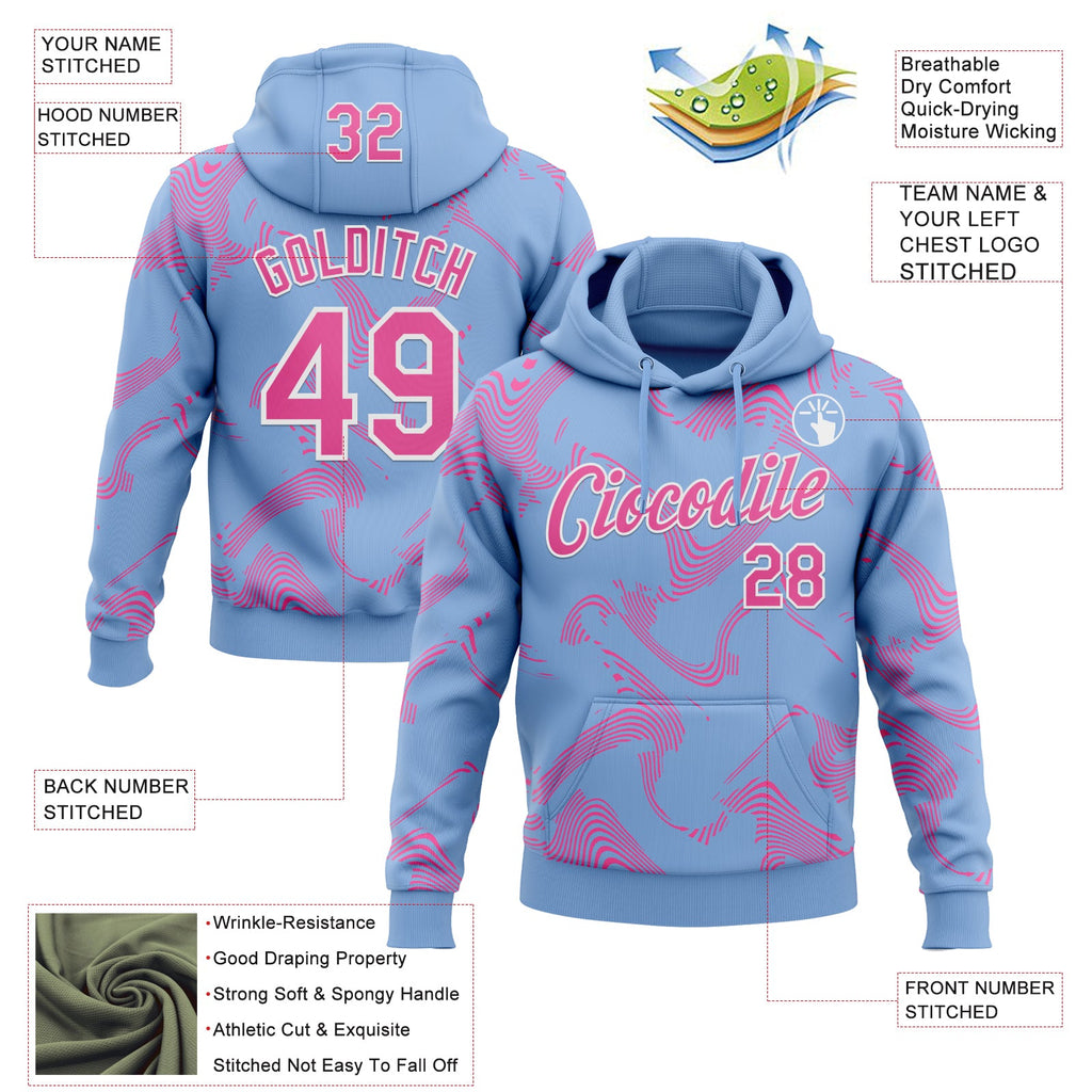 Custom Stitched Light Blue Pink-White 3D Pattern Design Curve Lines Sports Pullover Sweatshirt Hoodie