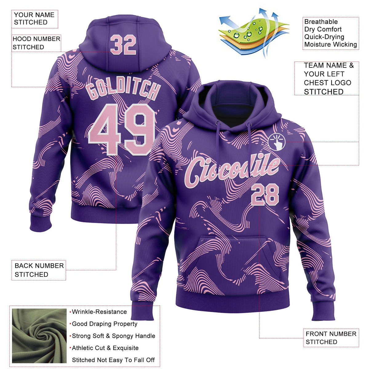 Custom Stitched Purple Light Pink-White 3D Pattern Design Curve Lines Sports Pullover Sweatshirt Hoodie