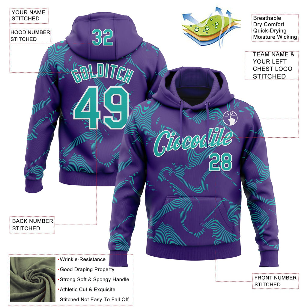 Custom Stitched Purple Aqua-White 3D Pattern Design Curve Lines Sports Pullover Sweatshirt Hoodie