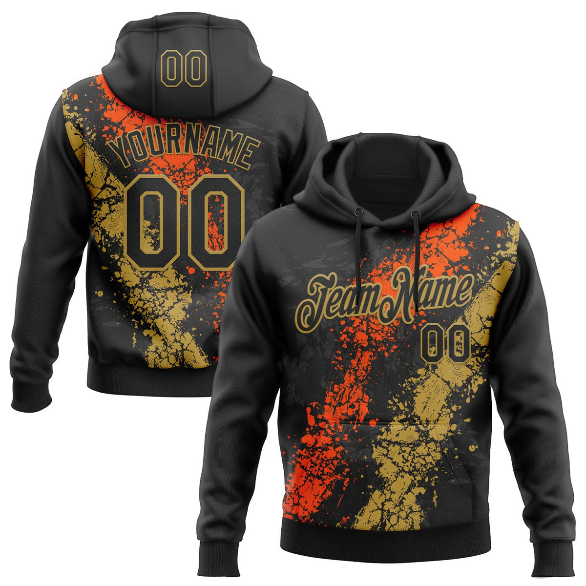Custom Stitched Black Orange-Old Gold 3D Pattern Design Splash Sports Pullover Sweatshirt Hoodie