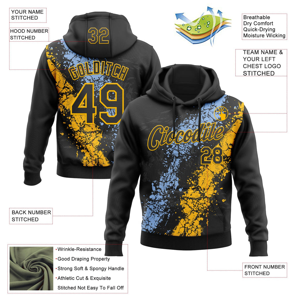 Custom Stitched Black Light Blue-Gold 3D Pattern Design Splash Sports Pullover Sweatshirt Hoodie