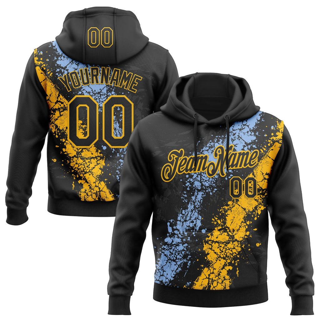 Custom Stitched Black Light Blue-Gold 3D Pattern Design Splash Sports Pullover Sweatshirt Hoodie