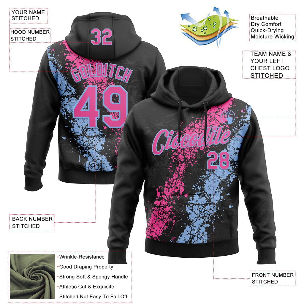 Custom Stitched Black Pink-Light Blue 3D Pattern Design Splash Sports Pullover Sweatshirt Hoodie