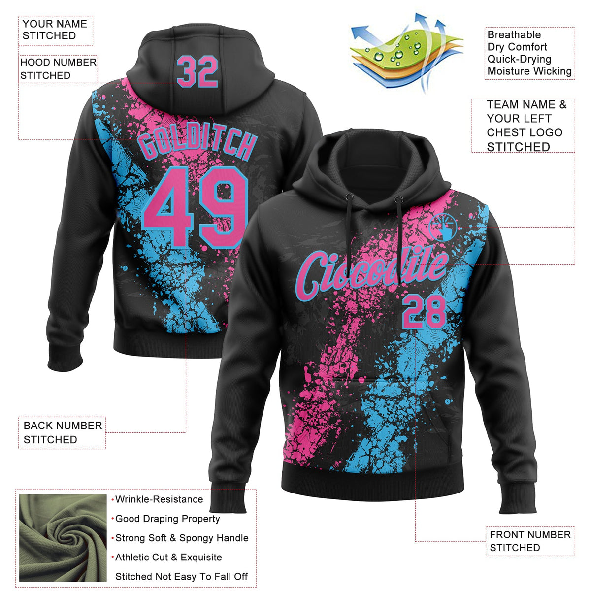Custom Stitched Black Pink-Sky Blue 3D Pattern Design Splash Sports Pullover Sweatshirt Hoodie