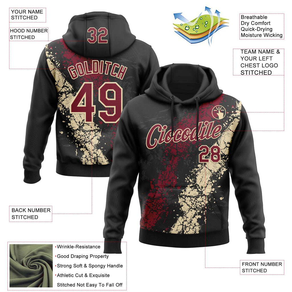 Custom Stitched Black Crimson-Cream 3D Pattern Design Splash Sports Pullover Sweatshirt Hoodie