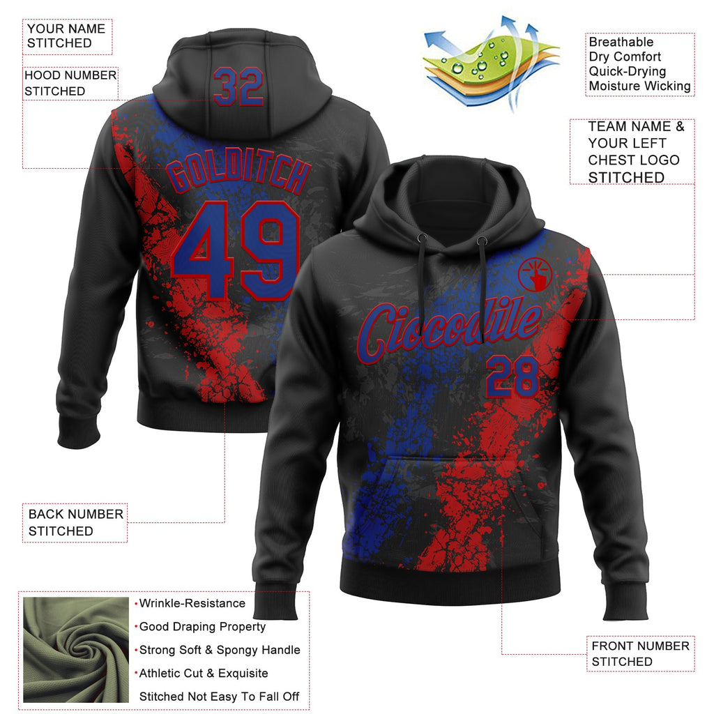 Custom Stitched Black Royal-Red 3D Pattern Design Splash Sports Pullover Sweatshirt Hoodie