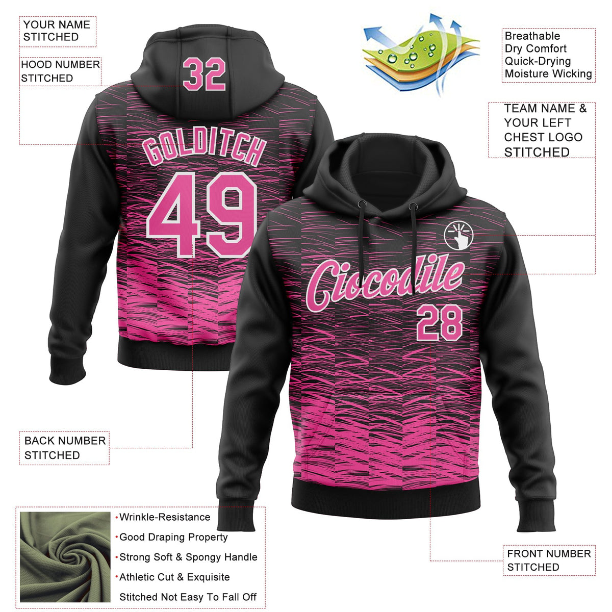 Custom Stitched Black Pink-White 3D Pattern Design Line Sports Pullover Sweatshirt Hoodie