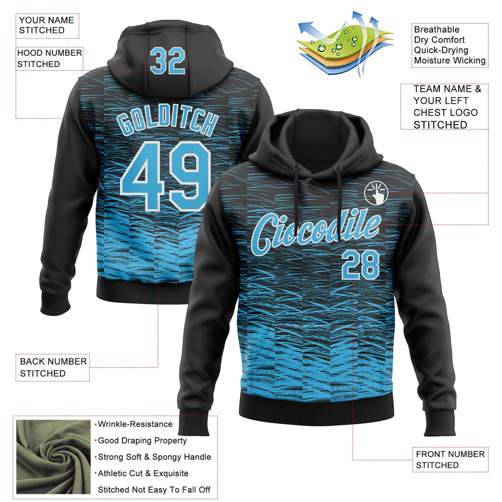 Custom Stitched Black Sky Blue-White 3D Pattern Design Line Sports Pullover Sweatshirt Hoodie