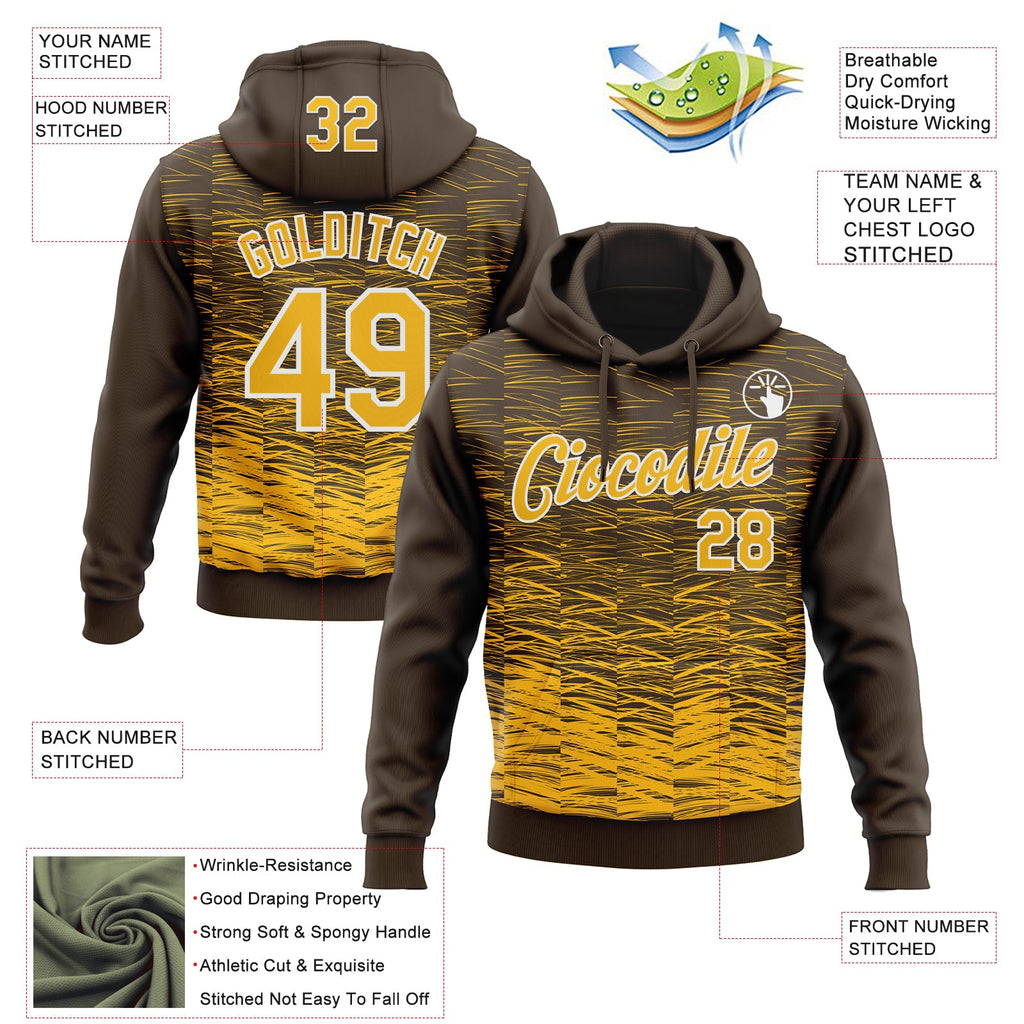 Custom Stitched Brown Gold-White 3D Pattern Design Line Sports Pullover Sweatshirt Hoodie