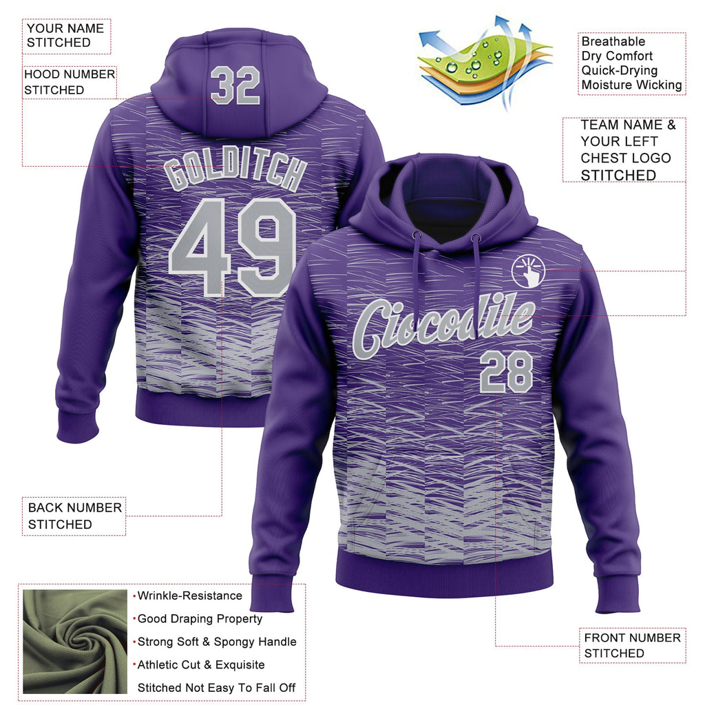 Custom Stitched Purple Gray-White 3D Pattern Design Line Sports Pullover Sweatshirt Hoodie