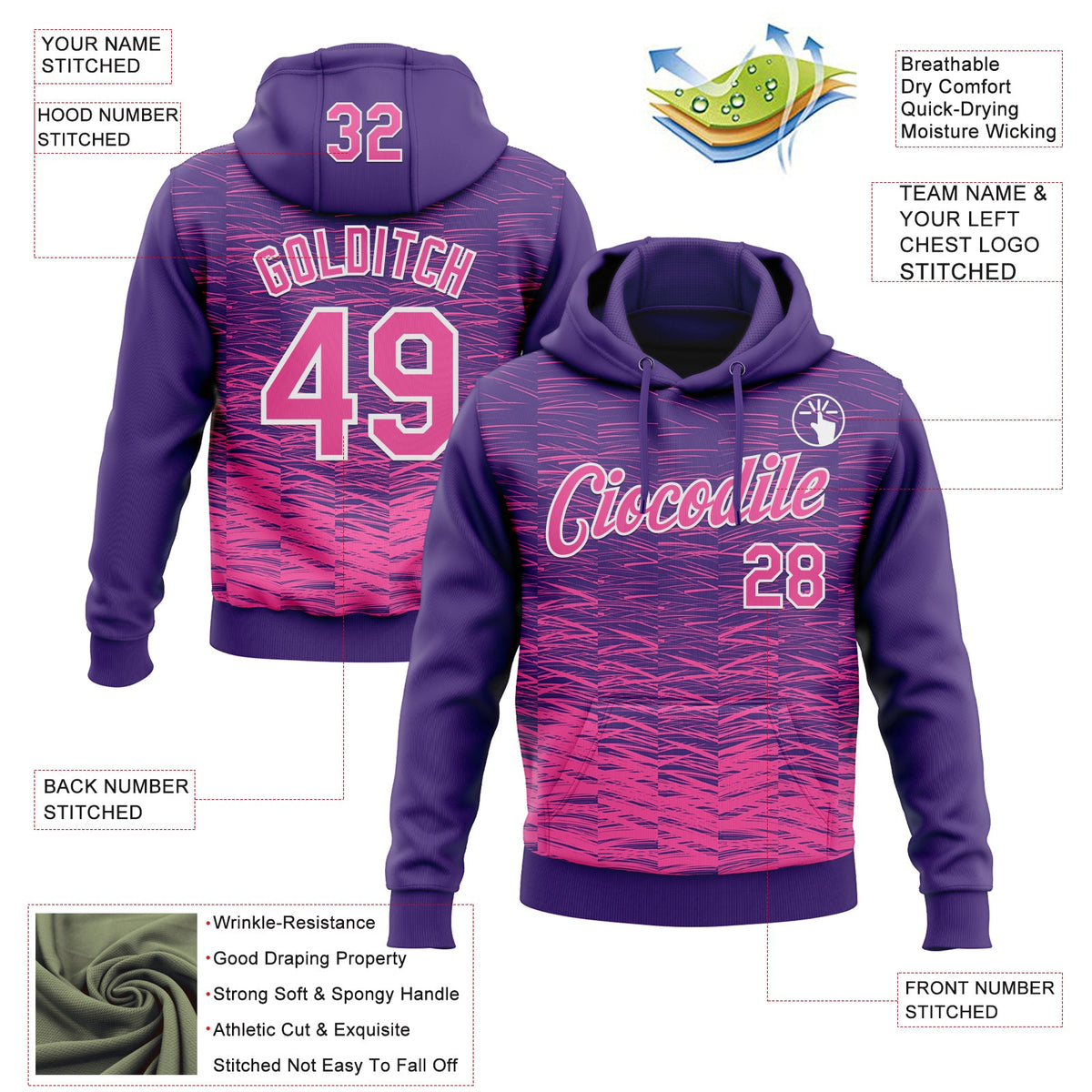 Custom Stitched Purple Pink-White 3D Pattern Design Line Sports Pullover Sweatshirt Hoodie