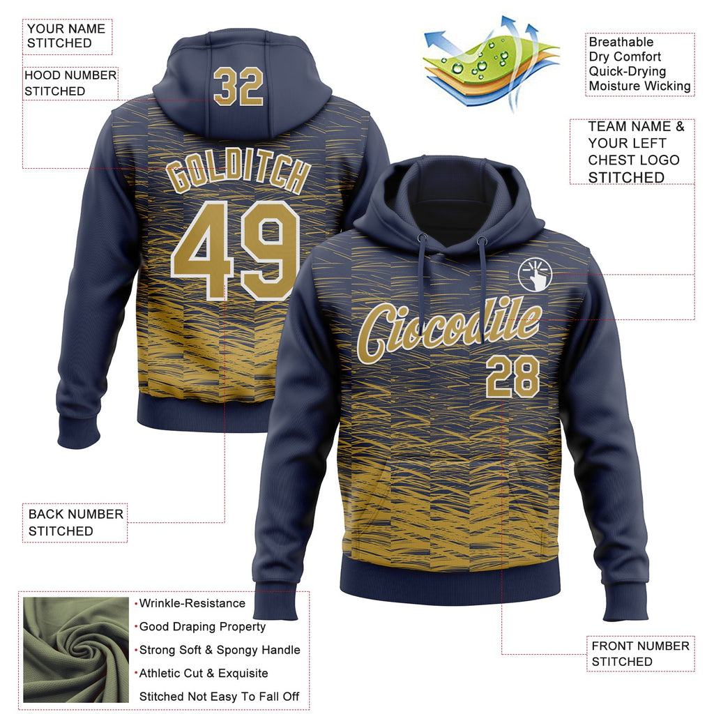 Custom Stitched Navy Old Gold-White 3D Pattern Design Line Sports Pullover Sweatshirt Hoodie