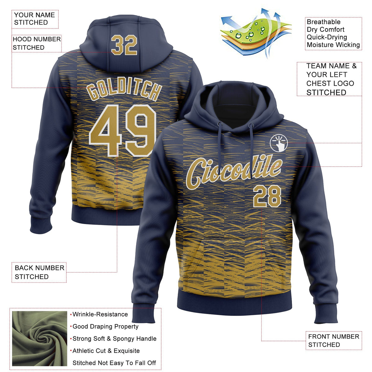 Custom Stitched Navy Old Gold-White 3D Pattern Design Line Sports Pullover Sweatshirt Hoodie