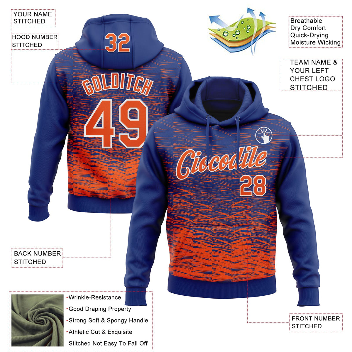 Custom Stitched Royal Orange-White 3D Pattern Design Line Sports Pullover Sweatshirt Hoodie