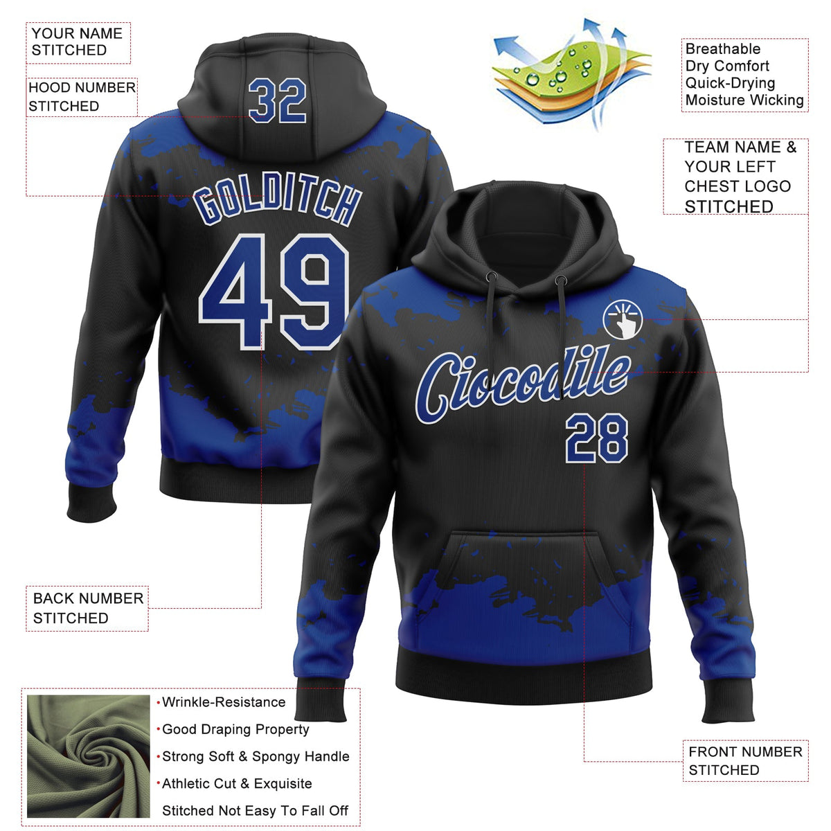 Custom Stitched Black Royal-White 3D Pattern Design Fragment Sports Pullover Sweatshirt Hoodie