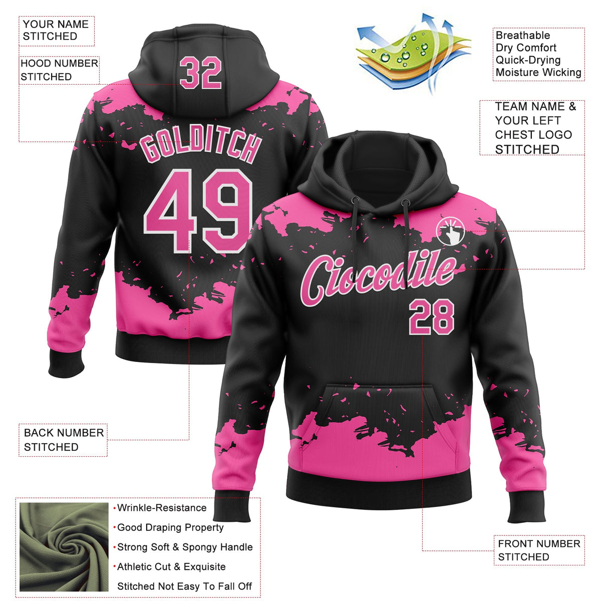 Custom Stitched Black Pink-White 3D Pattern Design Fragment Sports Pullover Sweatshirt Hoodie