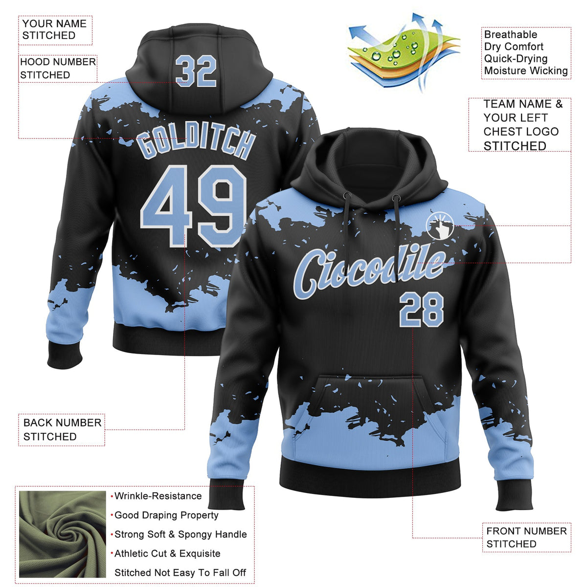 Custom Stitched Black Light Blue-White 3D Pattern Design Fragment Sports Pullover Sweatshirt Hoodie
