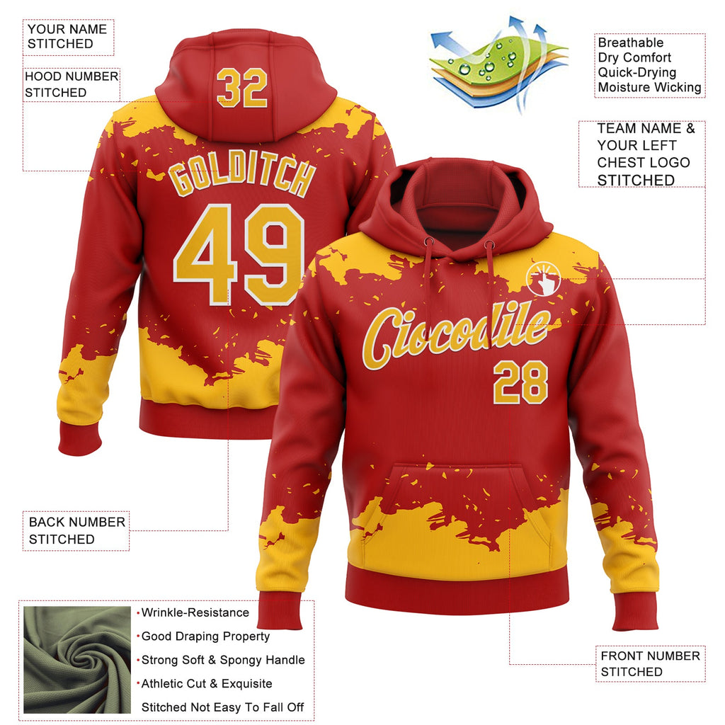 Custom Stitched Red Gold-White 3D Pattern Design Fragment Sports Pullover Sweatshirt Hoodie