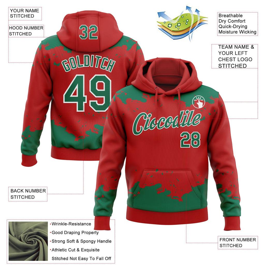 Custom Stitched Red Kelly Green-White 3D Pattern Design Fragment Sports Pullover Sweatshirt Hoodie