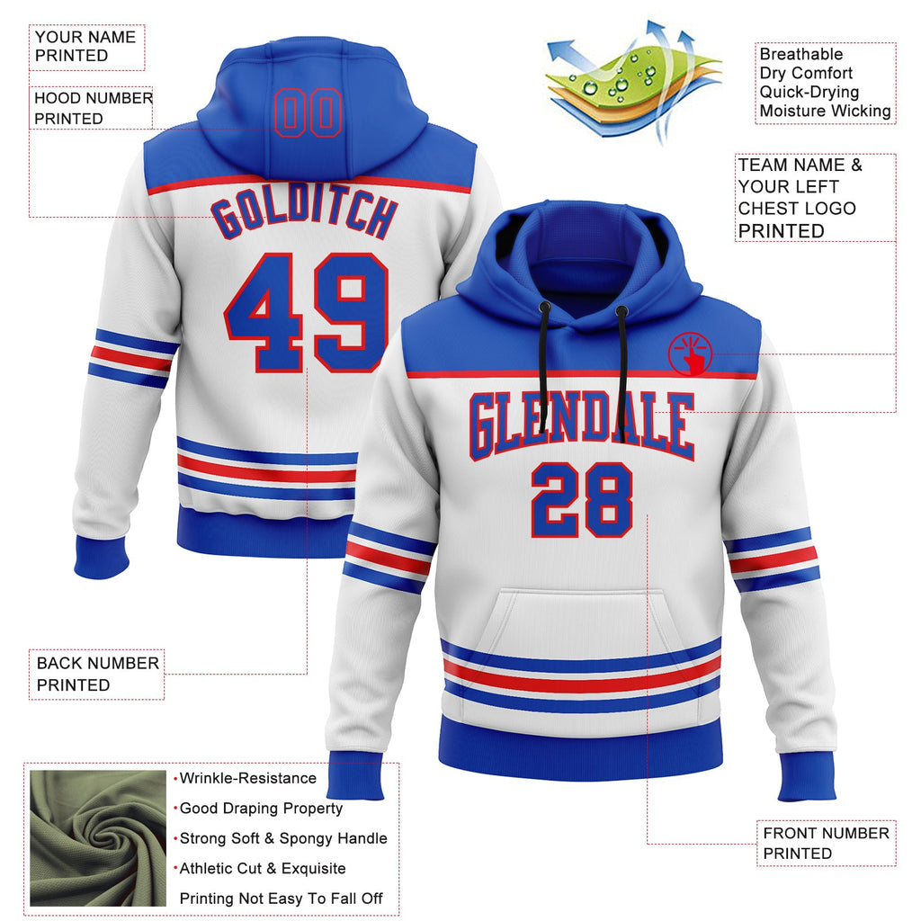 Custom White Thunder Blue-Fire Red 3D Pattern Design Game Day Stripe Sports Pullover Sweatshirt Hoodie