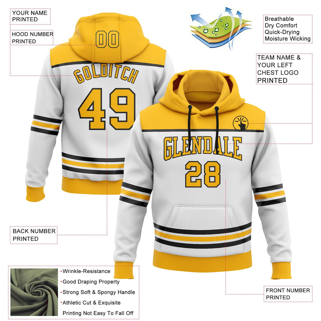 Custom White Gold-Black 3D Pattern Design Game Day Boston Inspired Sports Pullover Sweatshirt Hoodie