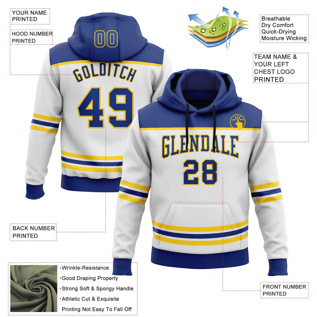 Custom White Royal-Yellow 3D Pattern Design Game Day Buffalo Inspired Sports Pullover Sweatshirt Hoodie