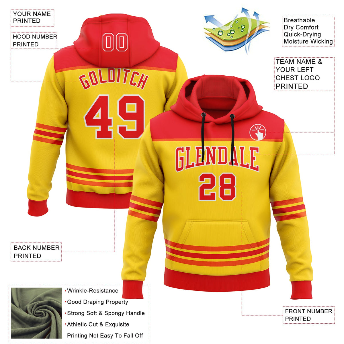 Custom Yellow Fire Red-White 3D Pattern Design Game Day Chicago Inspired Sports Pullover Sweatshirt Hoodie