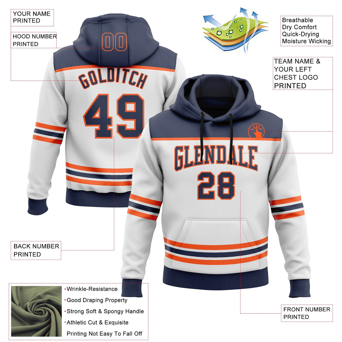 Custom White Navy-Orange 3D Pattern Design Game Day Edmonton Inspired Sports Pullover Sweatshirt Hoodie