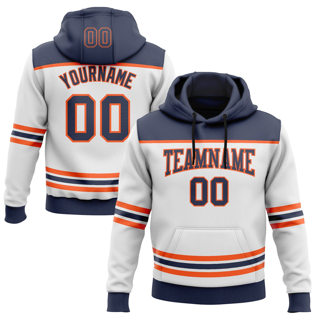 Custom White Navy-Orange 3D Pattern Design Game Day Edmonton Inspired Sports Pullover Sweatshirt Hoodie