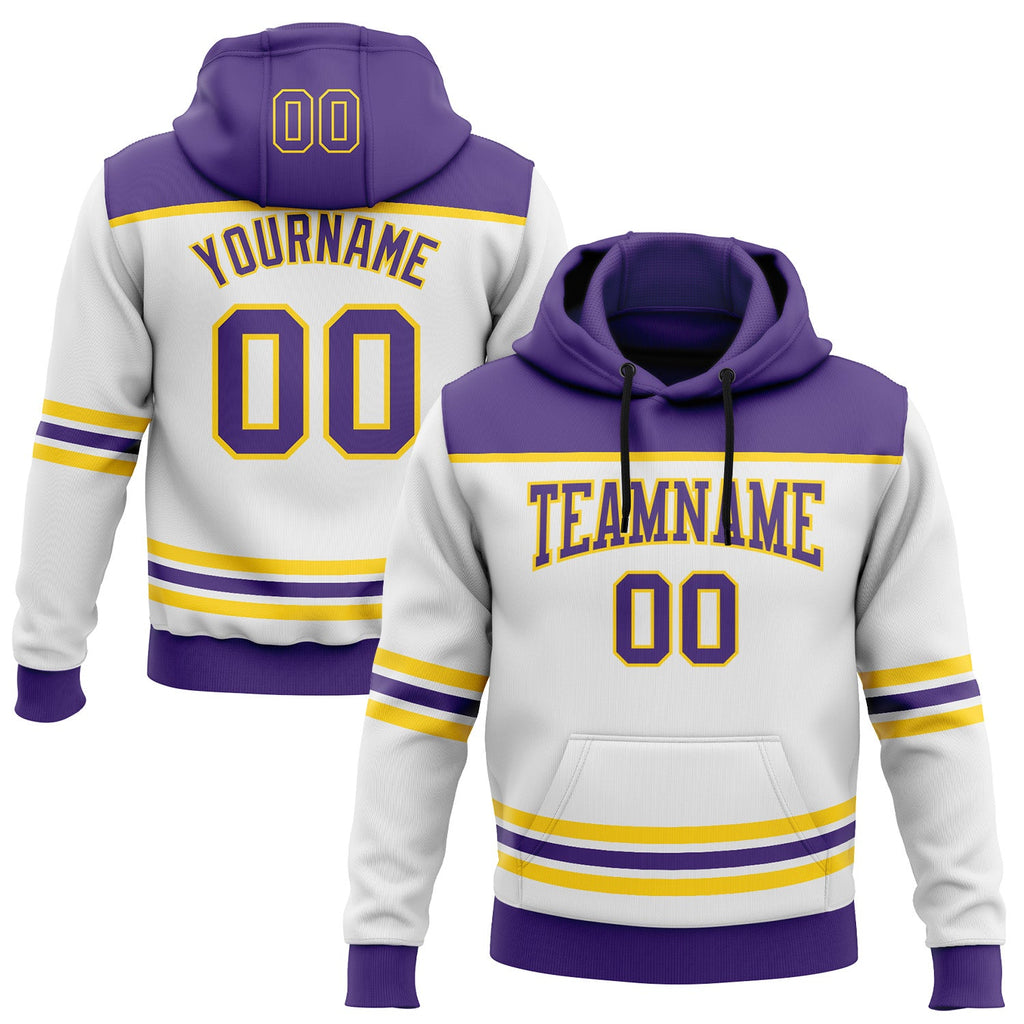 Custom White Purple-Yellow 3D Pattern Design Game Day Los Angeles Inspired Sports Pullover Sweatshirt Hoodie