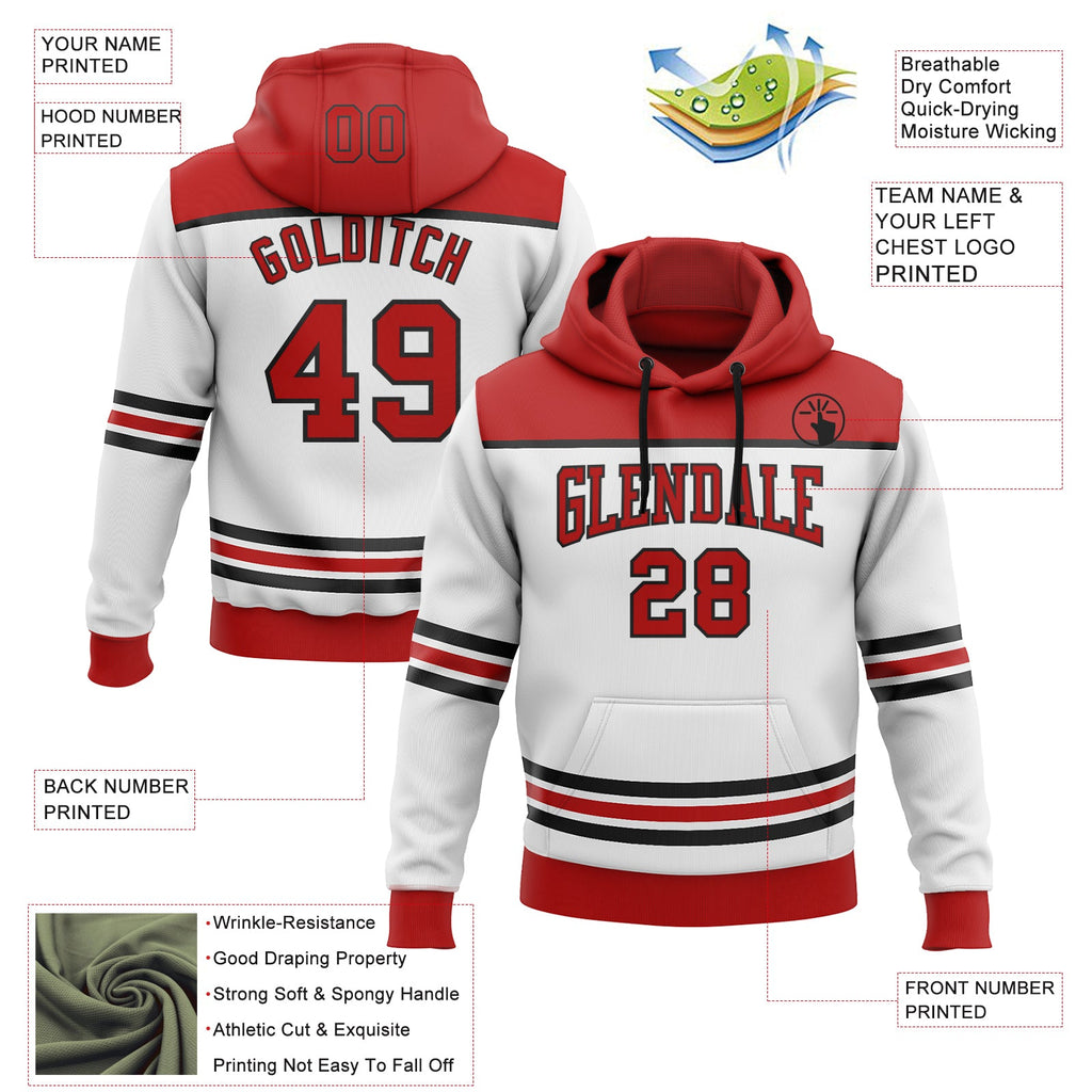 Custom White Red-Black 3D Pattern Design Game Day New Jersey Inspired Sports Pullover Sweatshirt Hoodie