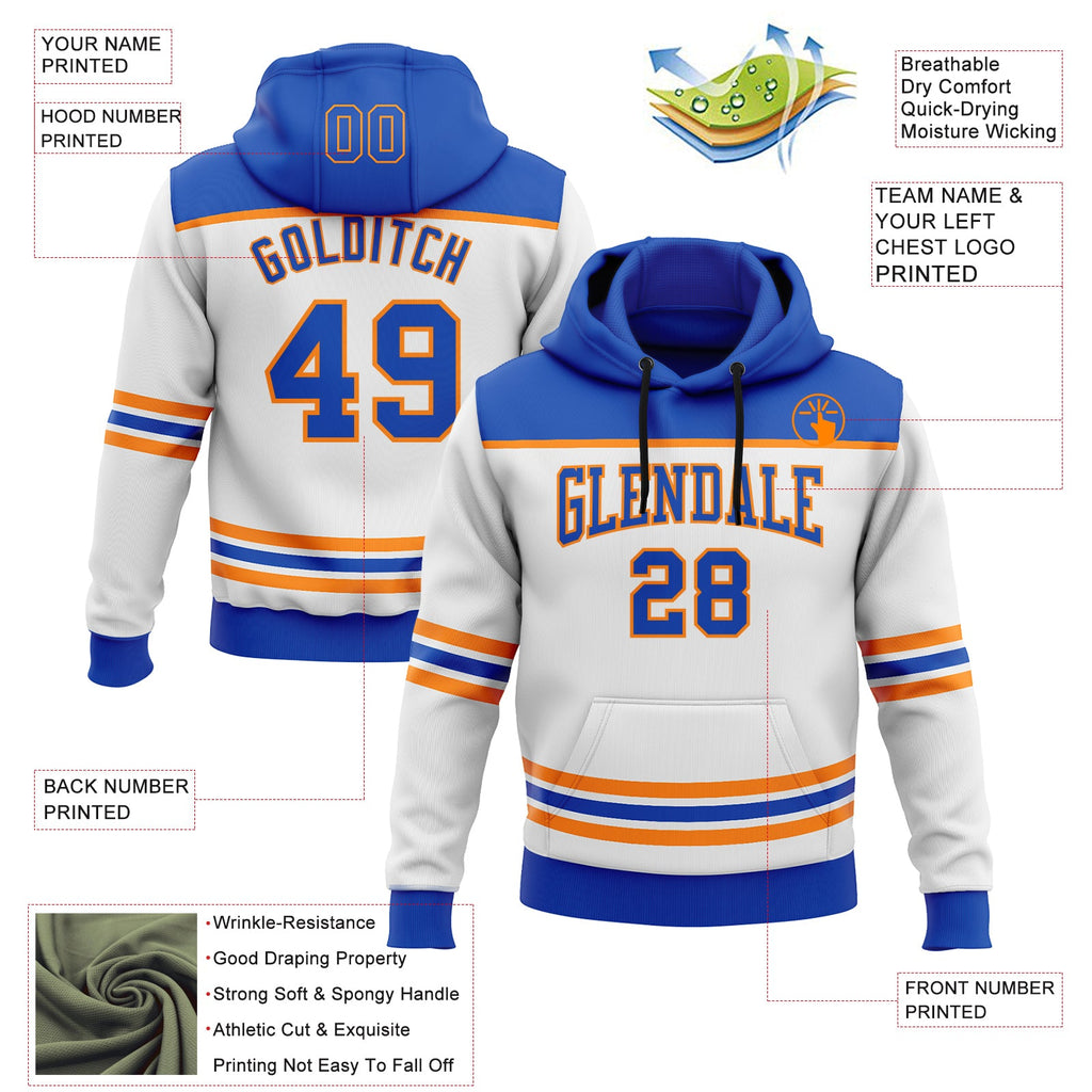 Custom White Thunder Blue-Bay Orange 3D Pattern Design Game Day New York Inspired Sports Pullover Sweatshirt Hoodie