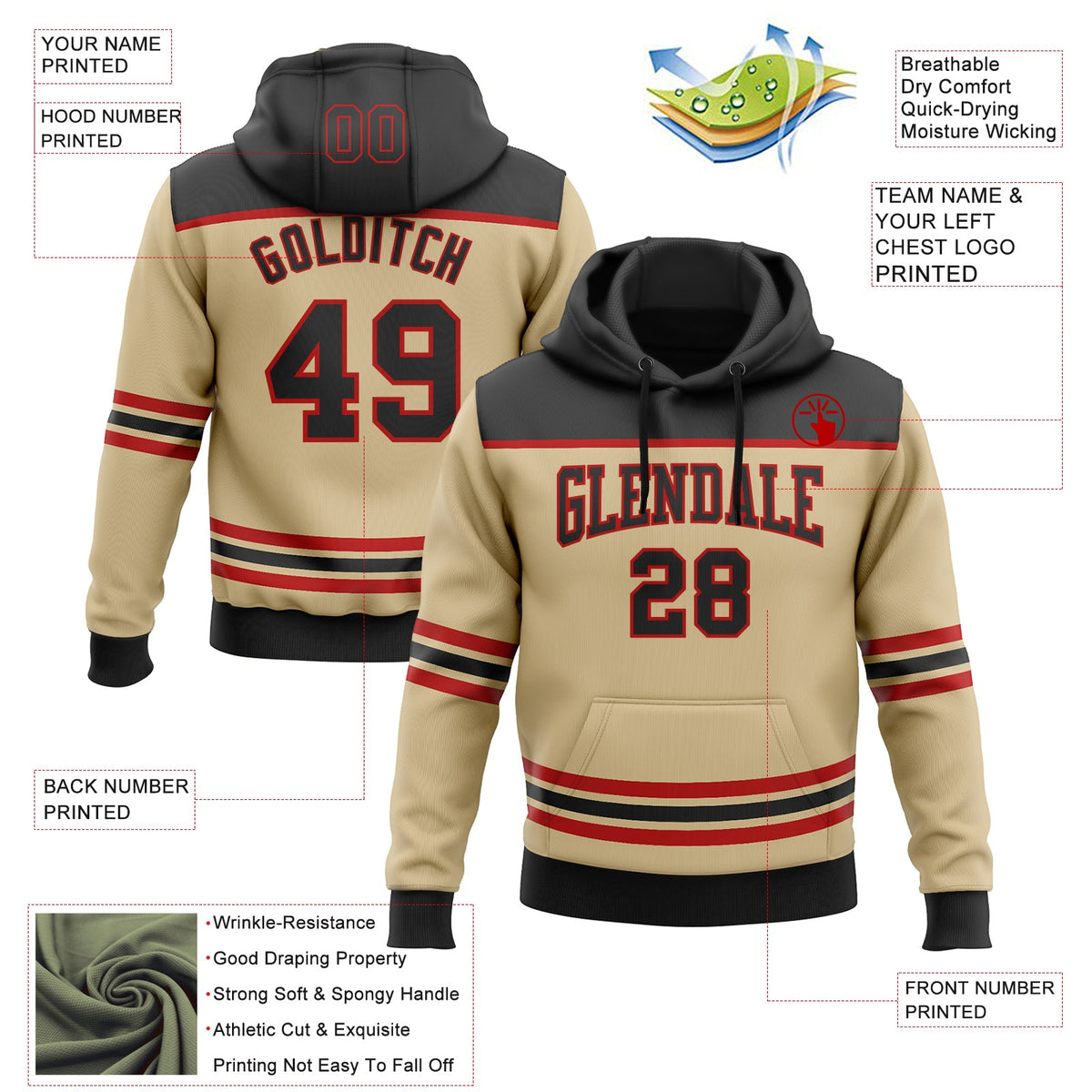Custom Vegas Gold Black-Red 3D Pattern Design Game Day Vegas Inspired Sports Pullover Sweatshirt Hoodie