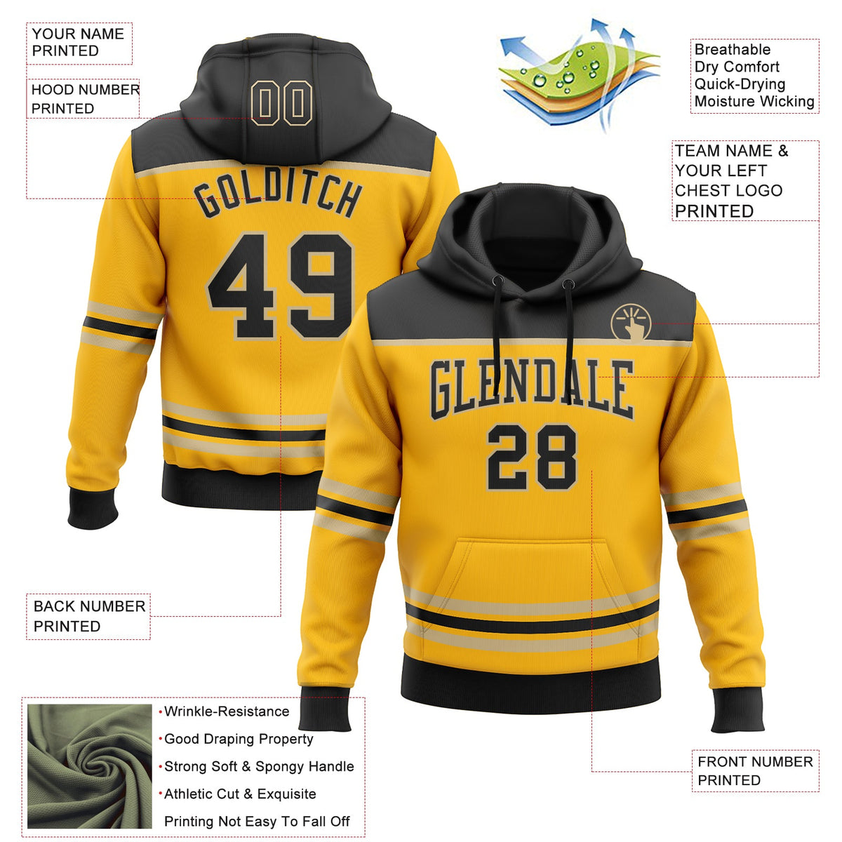 Custom Gold Black-Vegas Gold 3D Pattern Design Game Day Pittsburgh Inspired Sports Pullover Sweatshirt Hoodie