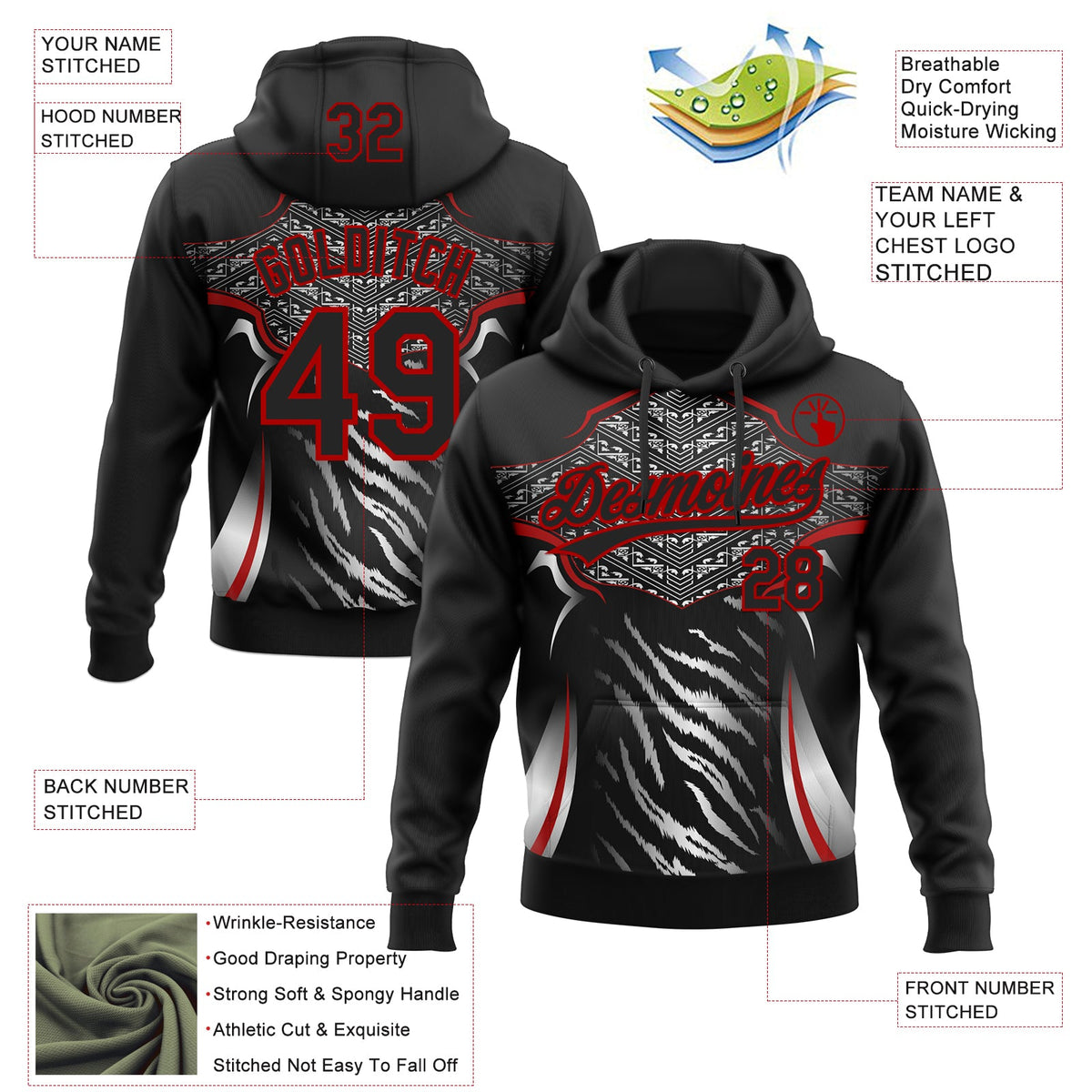 Custom Stitched Black Red-White 3D Pattern Design E-sports Pullover Sweatshirt Hoodie