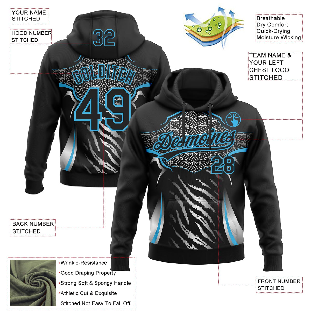 Custom Stitched Black Sky Blue-White 3D Pattern Design E-sports Pullover Sweatshirt Hoodie