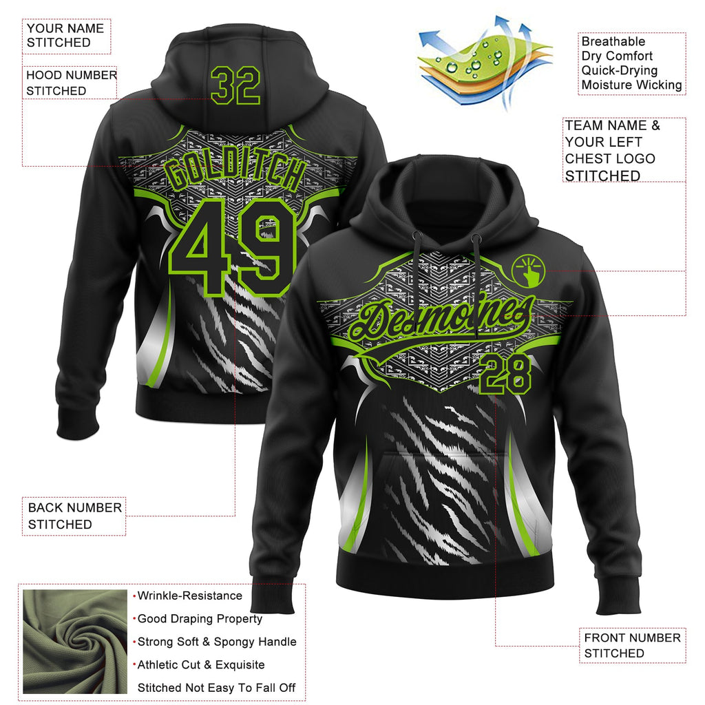 Custom Stitched Black Neon Green-White 3D Pattern Design E-sports Pullover Sweatshirt Hoodie